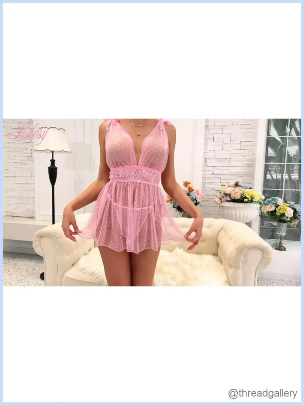 Sexy Mesh Lingerie Nightgown Dress 2pc Set Sleeveless V-Neck Lace Back